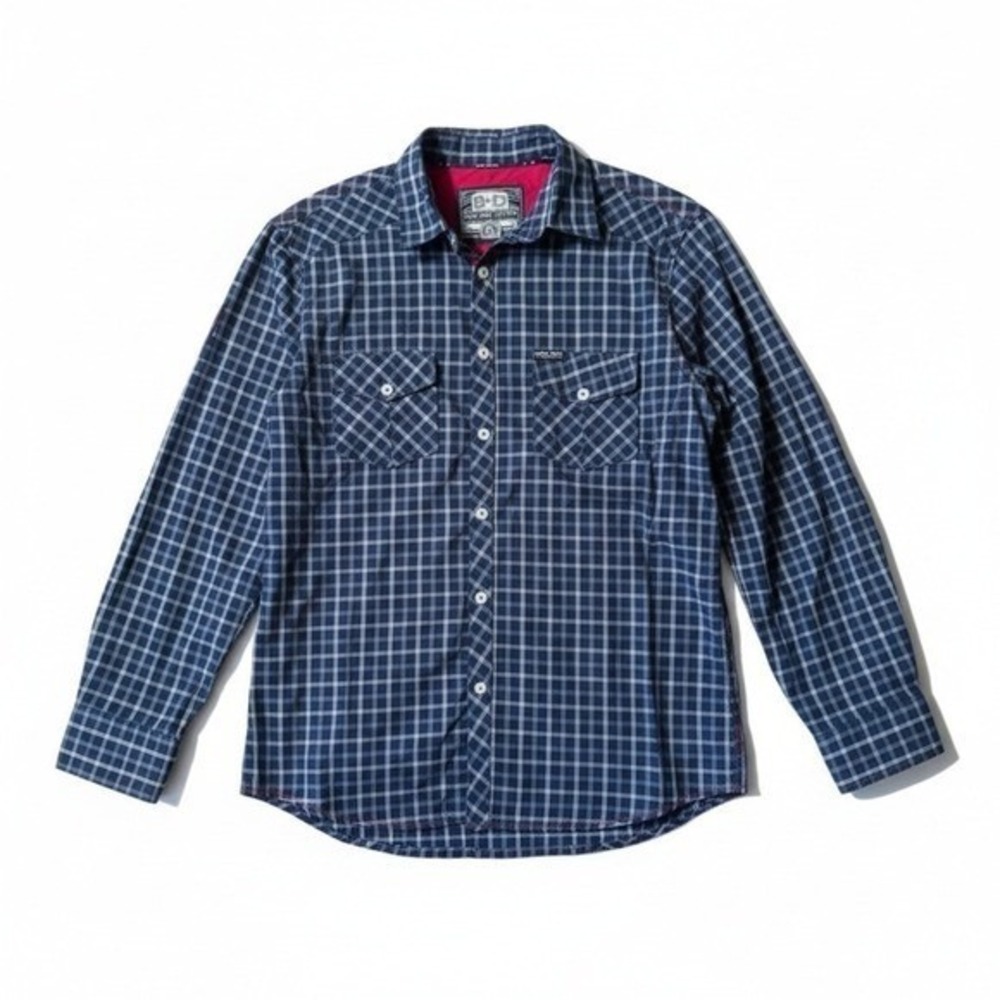 Bare Denim Division Large Navy Blue Plaid Western Button Down‎ Shirt Long Slv